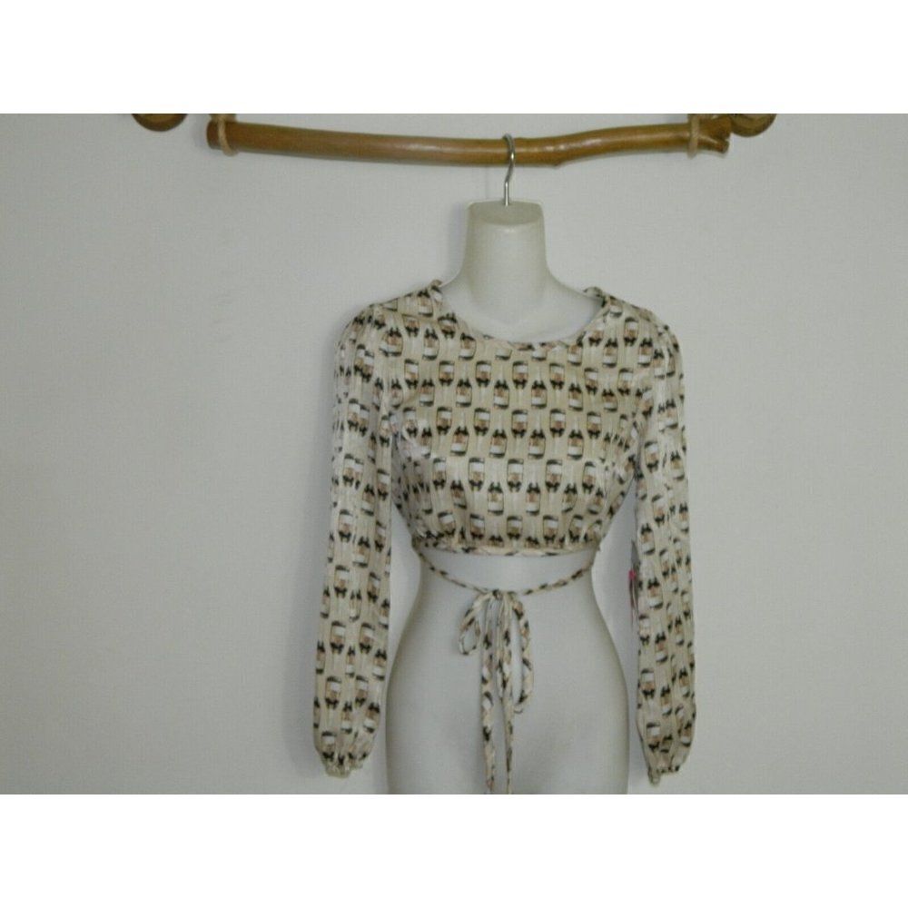 Rabbit‎ Rose Blouse Champagne Bottle Cropped Top Long Sleeve Shirt Size X-Small